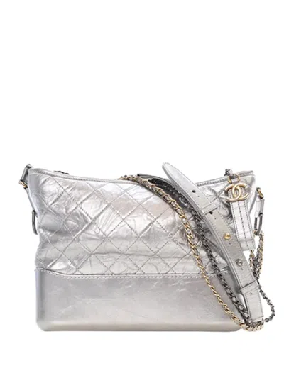 Pre-owned Chanel 2016-2017 Medium Aged Calfskin Gabrielle Hobo Crossbody Bag In Silver