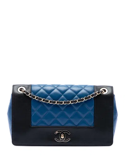 Pre-owned Chanel 2016-2017 Medium Bicolor Lambskin Mademoiselle Double Flap Shoulder Bag In Blue