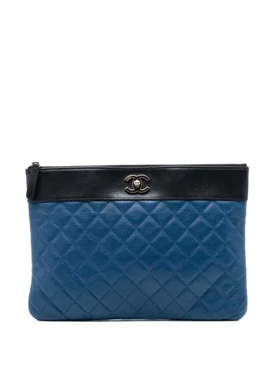 Pre-owned Chanel 2016-2017 Medium Bicolor Quilted Sheepskin Mademoiselle O Case Clutch Bag In Blue