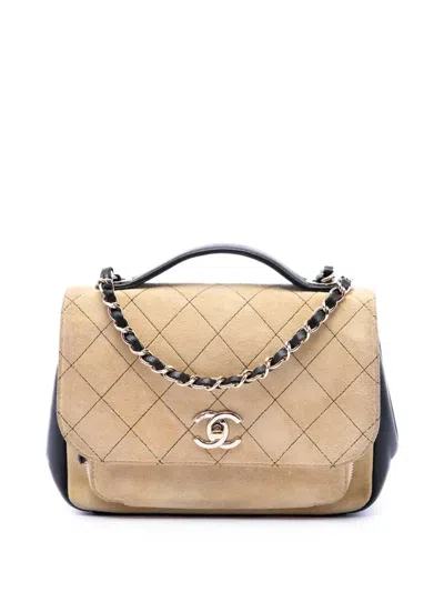 Pre-owned Chanel 2016-2017 Medium Cc Quilted Suede Business Affinity Flap Satchel In Black