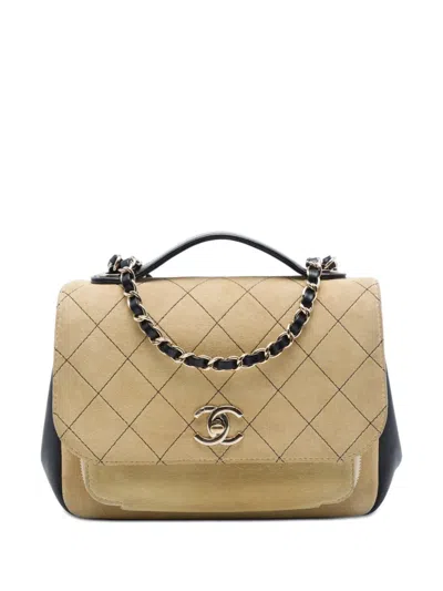 Pre-owned Chanel 2016-2017 Medium Cc Quilted Suede Business Affinity Flap Satchel In Neutrals