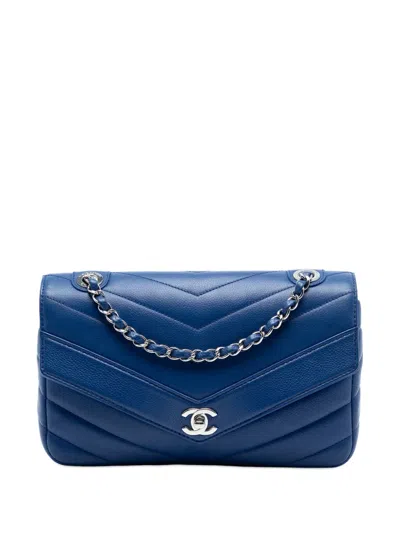 Pre-owned Chanel 2016-2017 Medium Chevron Caviar Data Center Envelope Flap Shoulder Bag In Blue