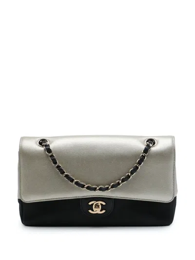 Pre-owned Chanel 2016-2017 Medium Classic Bicolor Caviar And Iridescent Calfskin Double Flap Shoulder Bag In Black