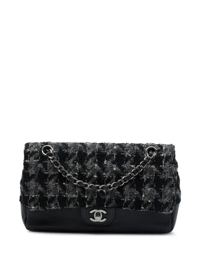 Pre-owned Chanel 2016-2017 Medium Classic Tweed And Caviar Double Flap Shoulder Bag In Black
