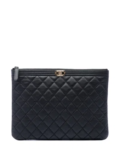 Pre-owned Chanel 2016-2017 Medium Quilted Caviar Boy O Case Clutch Bag In Black