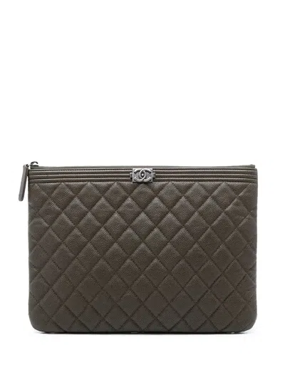 Pre-owned Chanel 2016-2017 Medium Quilted Caviar Boy O Case Clutch Bag In Brown