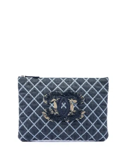 Pre-owned Chanel 2016-2017 Medium Quilted Denim Wild Stitch Fringe O Case Clutch Bag In Blue