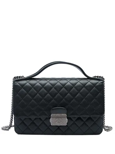 Pre-owned Chanel 2016-2017 Medium Quilted Goatskin Cc University Flap Satchel In Black