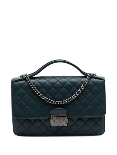 Pre-owned Chanel 2016-2017 Medium Quilted Goatskin Cc University Flap Satchel In Green