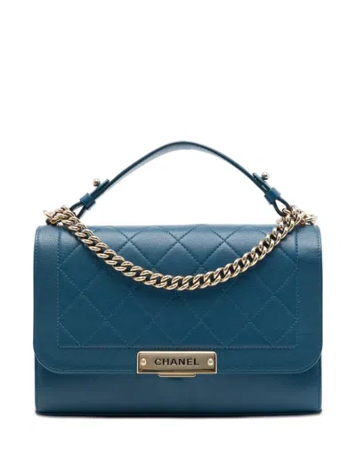Pre-owned Chanel 2016-2017 Medium Quilted Grained Calfskin Label Click Top Handle Flap Satchel In Blue