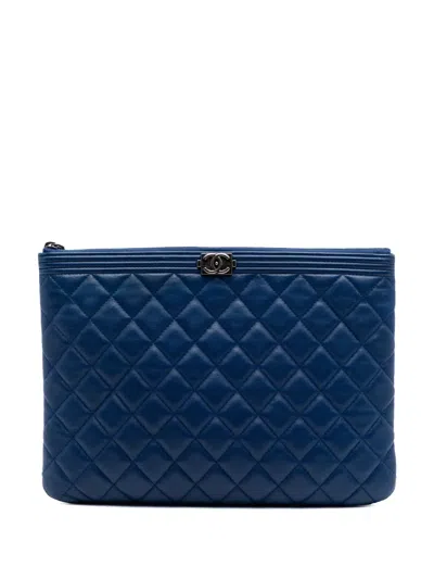 Pre-owned Chanel 2016-2017 Medium Quilted Lambskin Boy O Case Clutch Bag In Blue