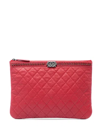 Pre-owned Chanel 2016-2017 Medium Quilted Lambskin Chain Boy O Case Clutch Bag In Red