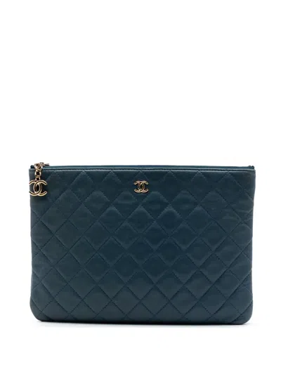 Pre-owned Chanel 2016-2017 Medium Quilted Lambskin Cuba La Habana O Case Clutch Bag In Blue