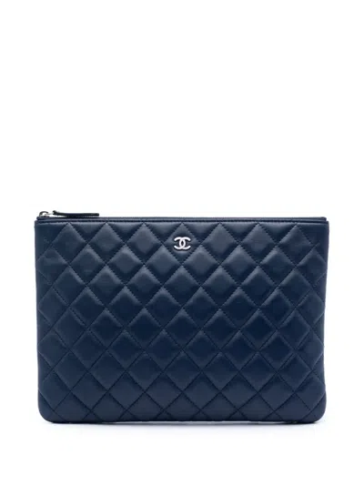 Pre-owned Chanel 2016-2017 Medium Quilted Lambskin O Case Clutch Bag In Blue