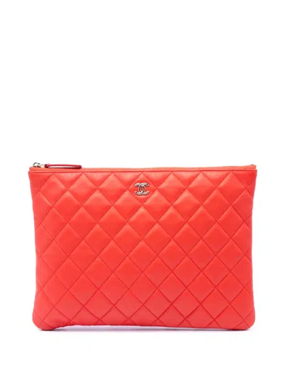 Pre-owned Chanel 2016-2017 Medium Quilted Lambskin O Case Clutch Bag In Orange