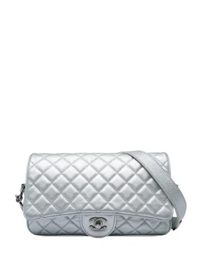 Pre-owned Chanel 2016-2017 Medium Quilted Metallic Grained Calfskin Casual Rock Flap Shoulder Bag In Silver