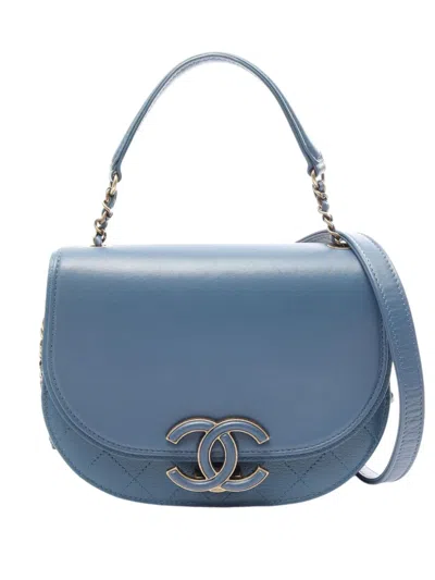 Pre-owned Chanel 2016-2017 Medium Shiny Calfskin And Quilted Goatskin Coco Curve Flap Satchel In Blue