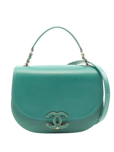 Pre-owned Chanel 2016-2017 Medium Shiny Calfskin And Quilted Goatskin Coco Curve Flap Satchel In Green