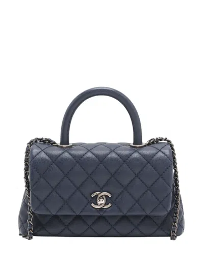 Pre-owned Chanel 2016-2017 Mini Quilted Caviar Coco Top Handle Bag Satchel In Blue