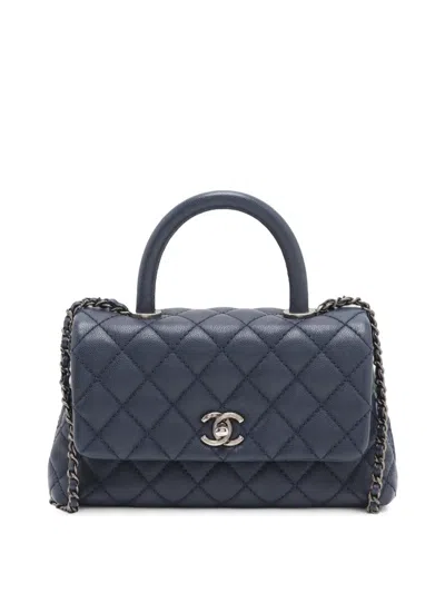 Pre-owned Chanel 2016-2017 Mini Quilted Caviar Coco Top Handle Bag Satchel In Blue