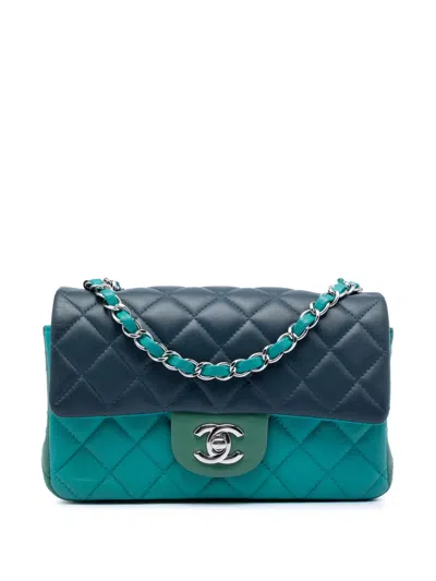 Pre-owned Chanel 2016-2017 Mini Rectangular Classic Tricolor Lambskin Single Flap Crossbody Bag In Blue