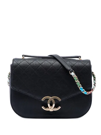 Pre-owned Chanel 2016-2017 Paris Cuba Medium Quilted Caviar Thread Around Flap Satchel In Black