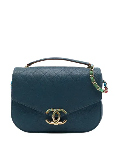 Pre-owned Chanel 2016-2017 Paris Cuba Medium Quilted Caviar Thread Around Flap Satchel In Blue