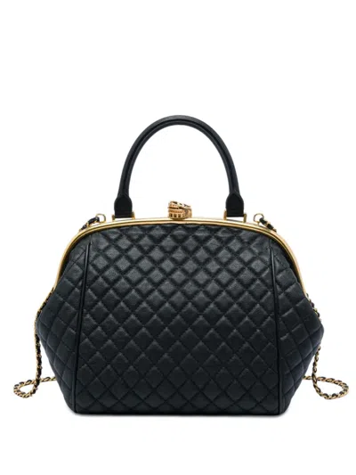 Pre-owned Chanel 2016-2017 Paris Rome Quilted Calfskin Colosseum Lock Frame Bowling Bag Satchel In Black