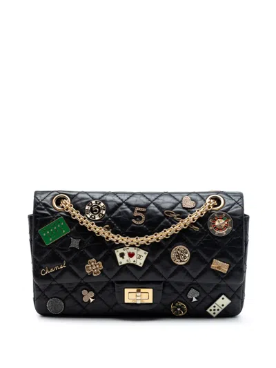 Pre-owned Chanel 2016-2017 Quilted Aged Calfskin Reissue 2.55 Lucky Charms Double Flap 225 Shoulder Bag In Black