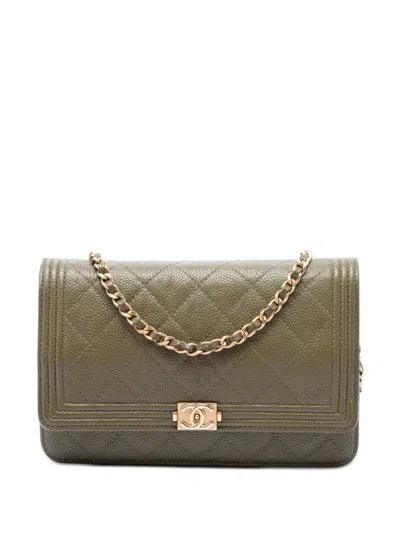 Pre-owned Chanel 2016-2017 Quilted Caviar Boy Wallet On Chain Crossbody Bag In Green