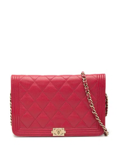 Pre-owned Chanel 2016-2017 Quilted Caviar Boy Wallet On Chain Crossbody Bag In Red