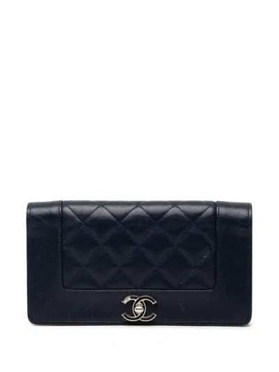 Pre-owned Chanel 2016-2017 Quilted Chevron Sheepskin Mademoiselle Vintage Flap Wallet Long Wallets In Blue
