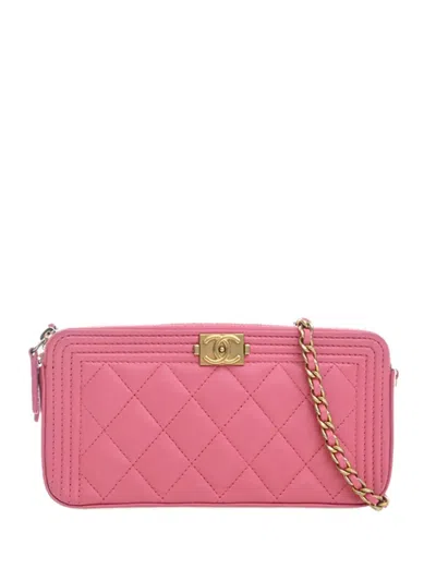 Pre-owned Chanel 2016-2017 Quilted Lambskin Boy Double Zip Wallet On Chain Crossbody Bag In Pink