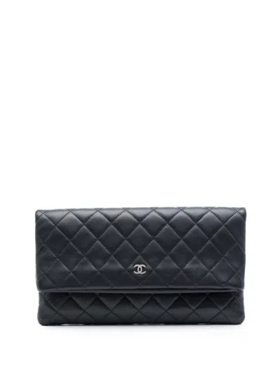 Pre-owned Chanel 2016-2017 Quilted Lambskin Cc Beauty Foldover Clutch Bag In Black