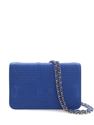 Pre-owned Chanel 2016-2017 Quilted Lambskin Korean Garden Wallet On Chain Crossbody Bag In Blue