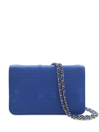 Pre-owned Chanel 2016-2017 Quilted Lambskin Korean Garden Wallet On Chain Crossbody Bag In Blue