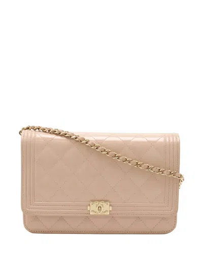 Pre-owned Chanel 2016-2017 Quilted Patent Boy Wallet On Chain Crossbody Bag In Pink