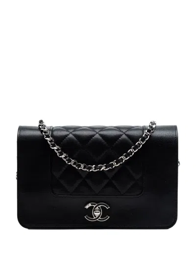 Pre-owned Chanel 2016-2017 Quilted Sheepskin Mademoiselle Wallet On Chain Crossbody Bag In Black