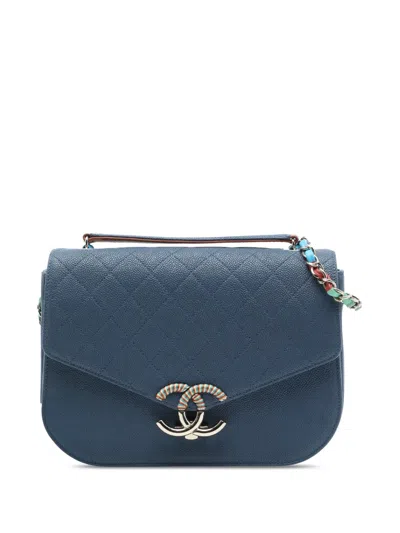 Pre-owned Chanel 2016-2017 Small Caviar Paris Cuba Thread Around Flap Satchel In Blue