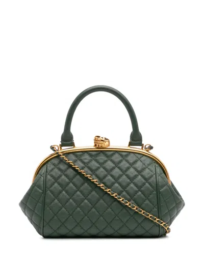 Pre-owned Chanel 2016-2017 Small Quilted Calfskin Colosseum Lock Frame Bowling Bag Satchel In Green