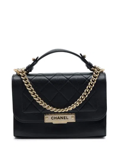 Pre-owned Chanel 2016-2017 Small Quilted Grained Calfskin Label Click Flap Satchel In Black