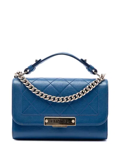 Pre-owned Chanel 2016-2017 Small Quilted Grained Calfskin Label Click Flap Satchel In Blue