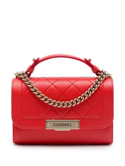 Pre-owned Chanel 2016-2017 Small Quilted Grained Calfskin Label Click Flap Satchel In Red