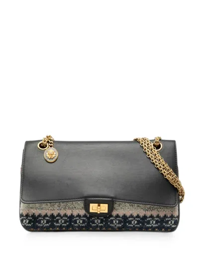 Pre-owned Chanel 2016-2017 Smooth Calfskin And Knit Reissue 2.55 Medallion Nude Double Flap 226 Shoulder Bag In Black