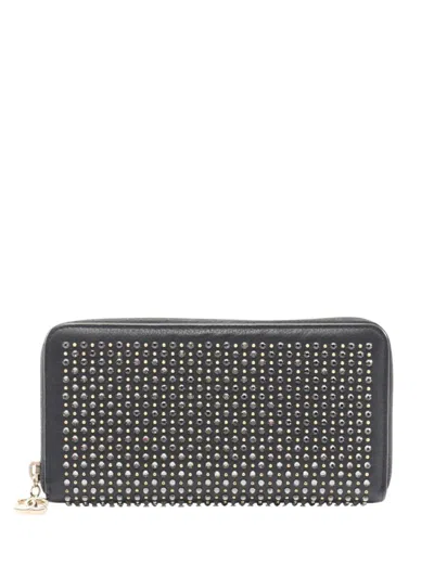 Pre-owned Chanel 2016-2017 Studded Calfskin Zip Around Wallet Long Wallets In Black