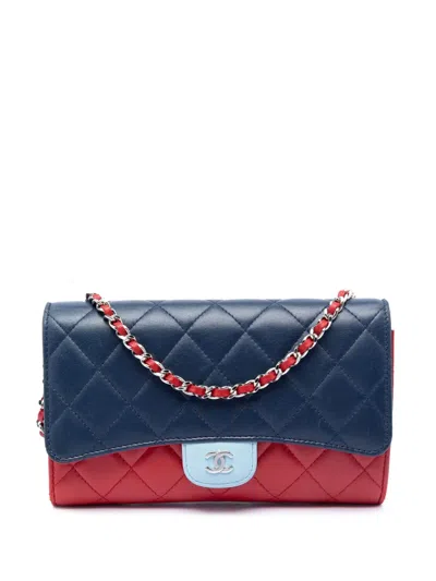 Pre-owned Chanel 2016-2017 Tricolor Quilted Lambskin Wallet On Chain Shoulder Bag In Blue