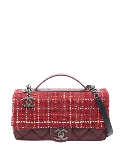 Pre-owned Chanel 2016-2017 Tweed Quilted Airlines Single Flap Satchel In Red