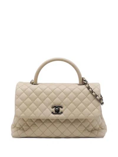 Pre-owned Chanel 2016-2026 Large Quilted Caviar Coco Top Handle Bag Satchel In Neutrals