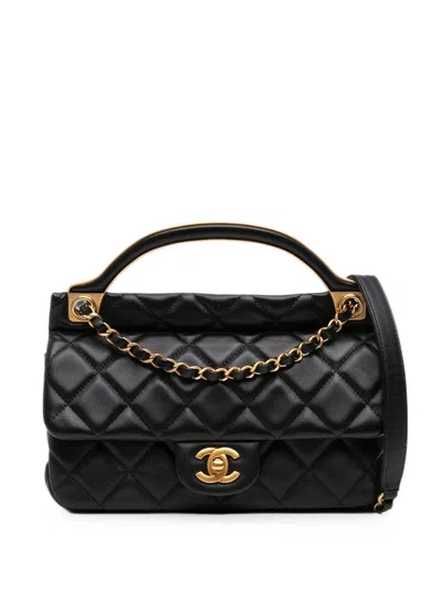 Pre-owned Chanel 2016-2026 Small Quilted Calfskin Lady Handle Clutch With Chain Satchel In Black