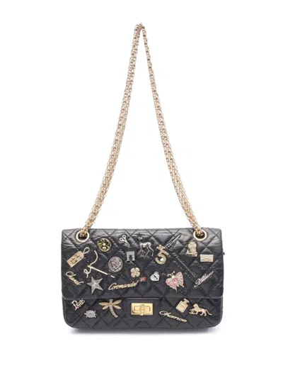 Pre-owned Chanel 2017-2018 Aged Calfskin Lucky Charms Reissue 2.55 Double Flap Shoulder Bag In Black